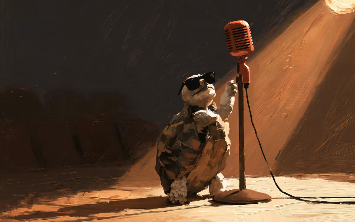 Painted tortoise in sunglasses on a spotlit stage, reaching up to a red microphone