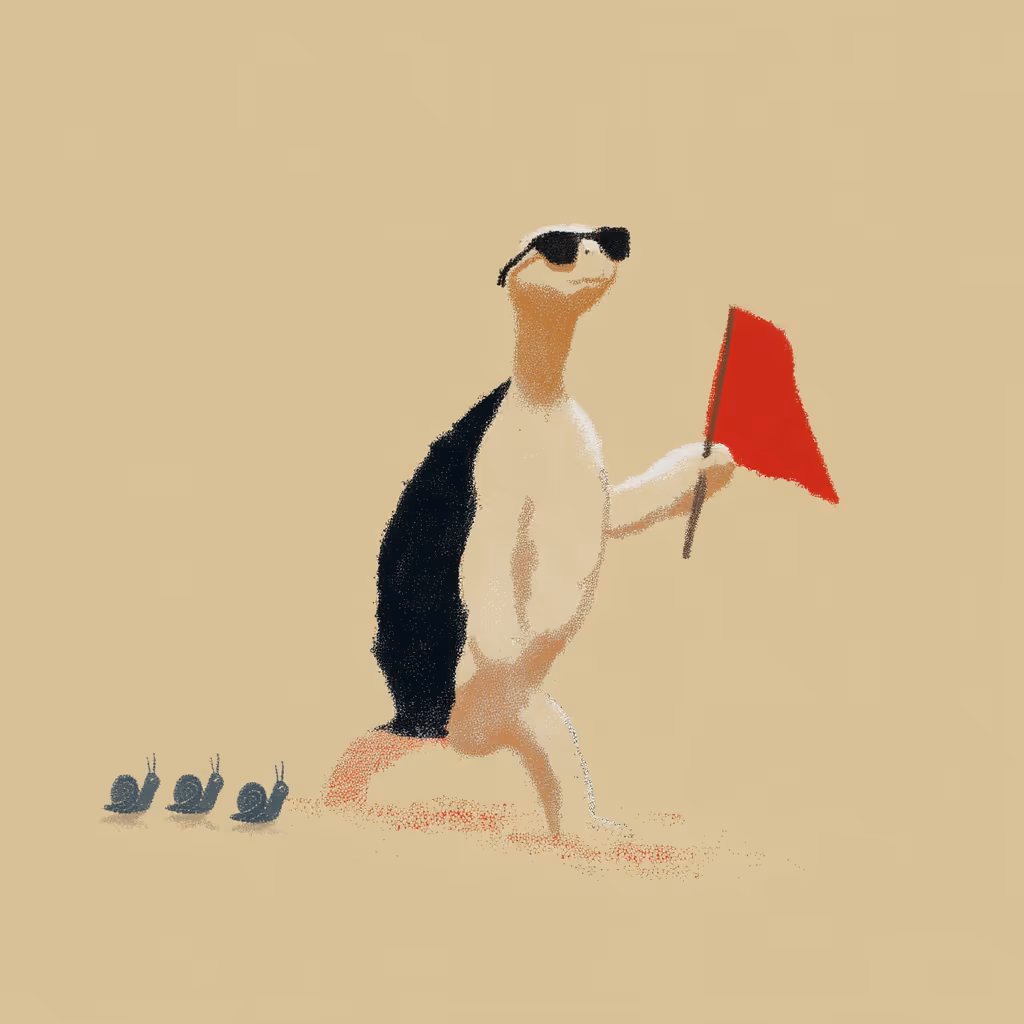 Illustrated tortoise marching with a red flag, snails following