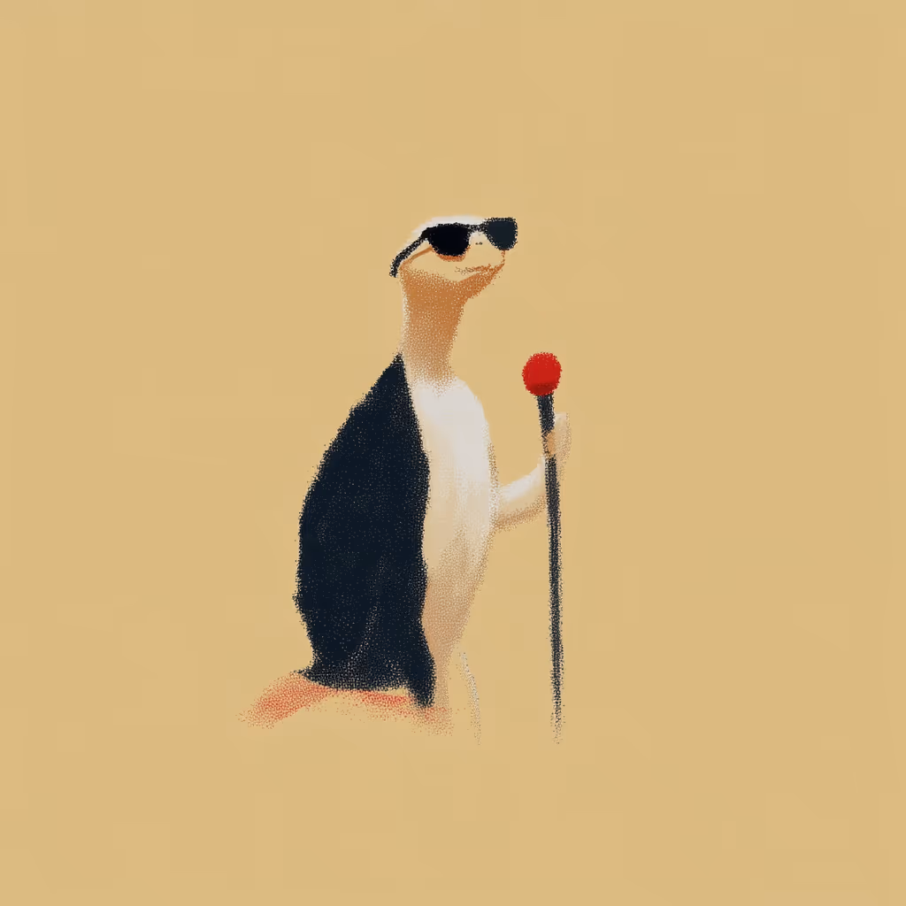 Illustrated tortoise stretching up to a red microphone